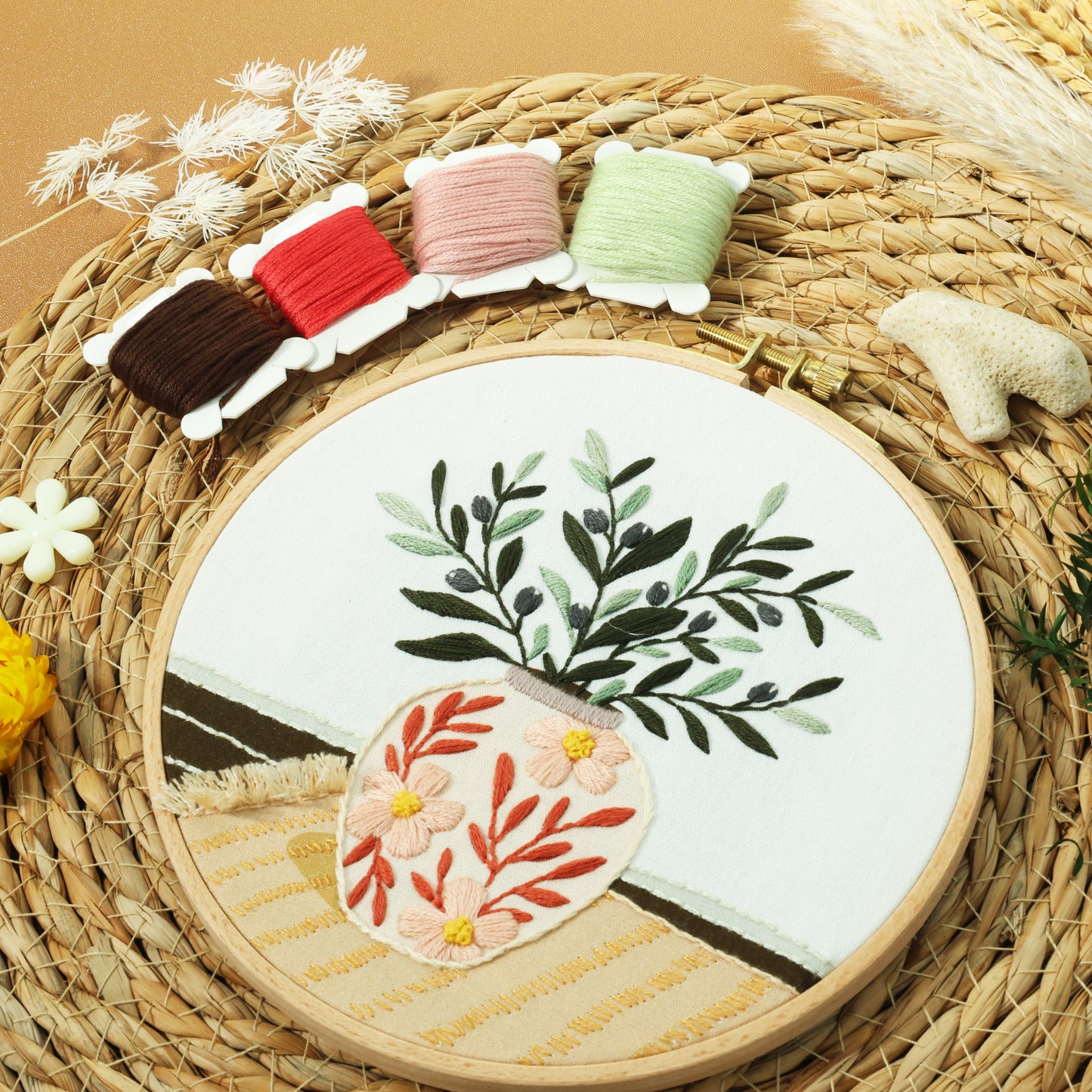 Olive Leaf Vase Embroidery Kit