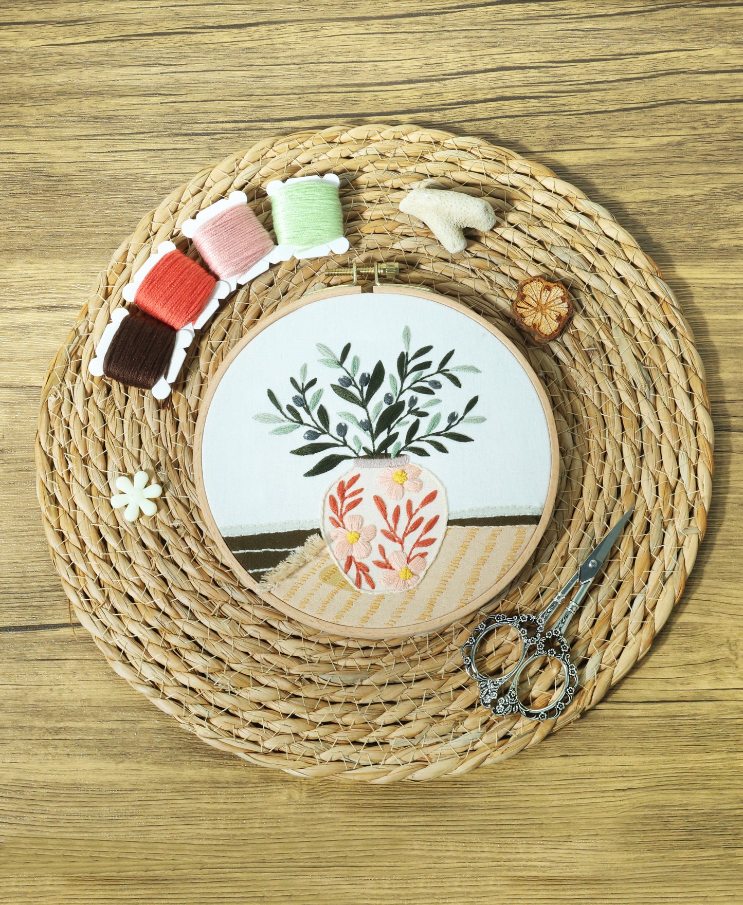 Olive Leaf Vase Embroidery Kit