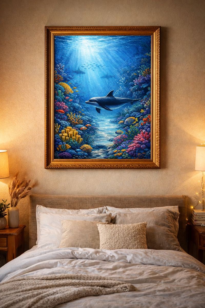 Underwater Dolphin Serenity – Framed Ocean Oil Painting Wall Art for Bedroom & Living Space