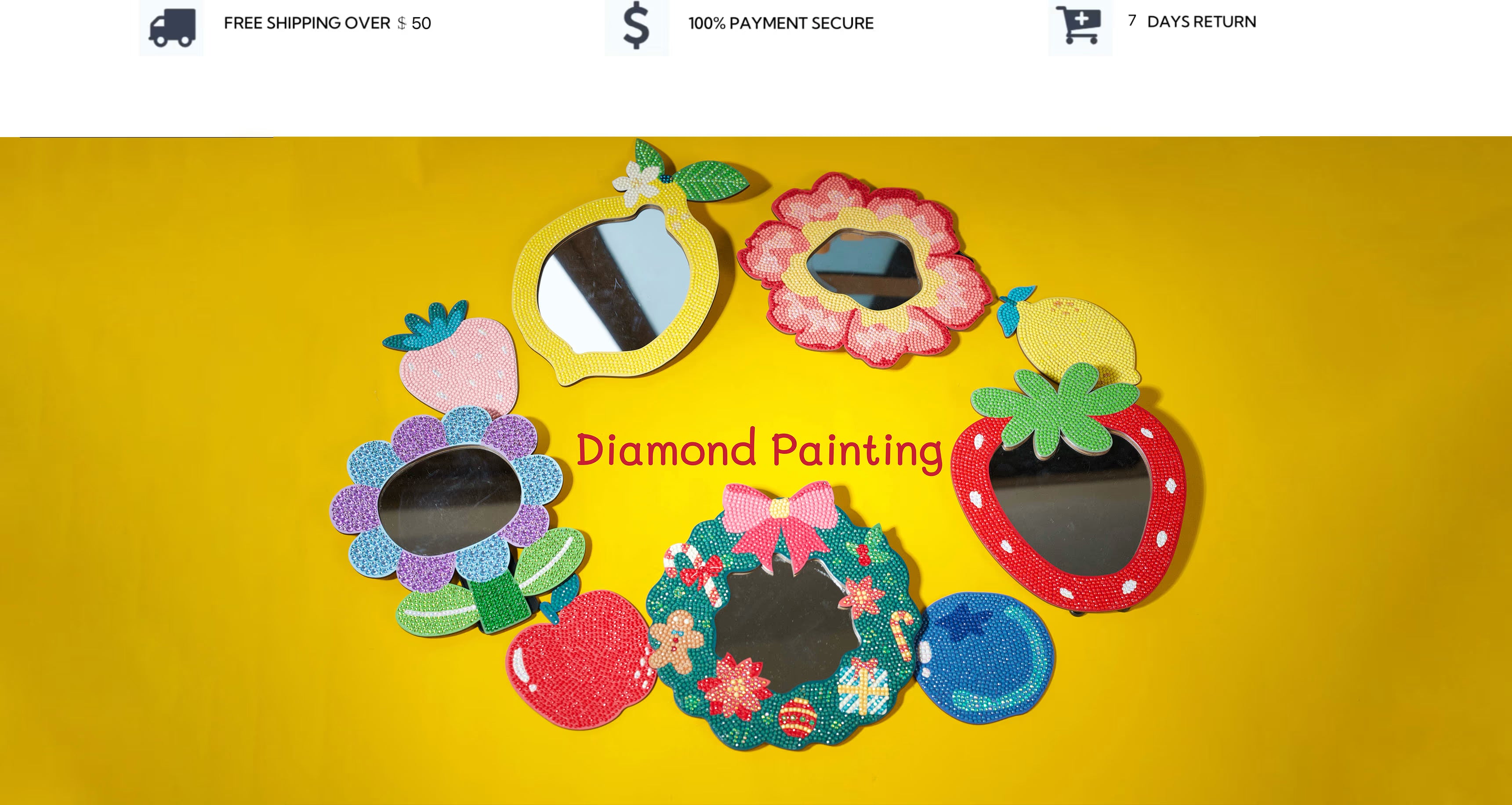 Colorful diamond painting DIY mirrors in fruit and flower shapes on yellow background, showcasing Artglee’s new seasonal collection. Handmade kits highlight beginner-friendly design, free shipping, secure payment, and 7-day returns.