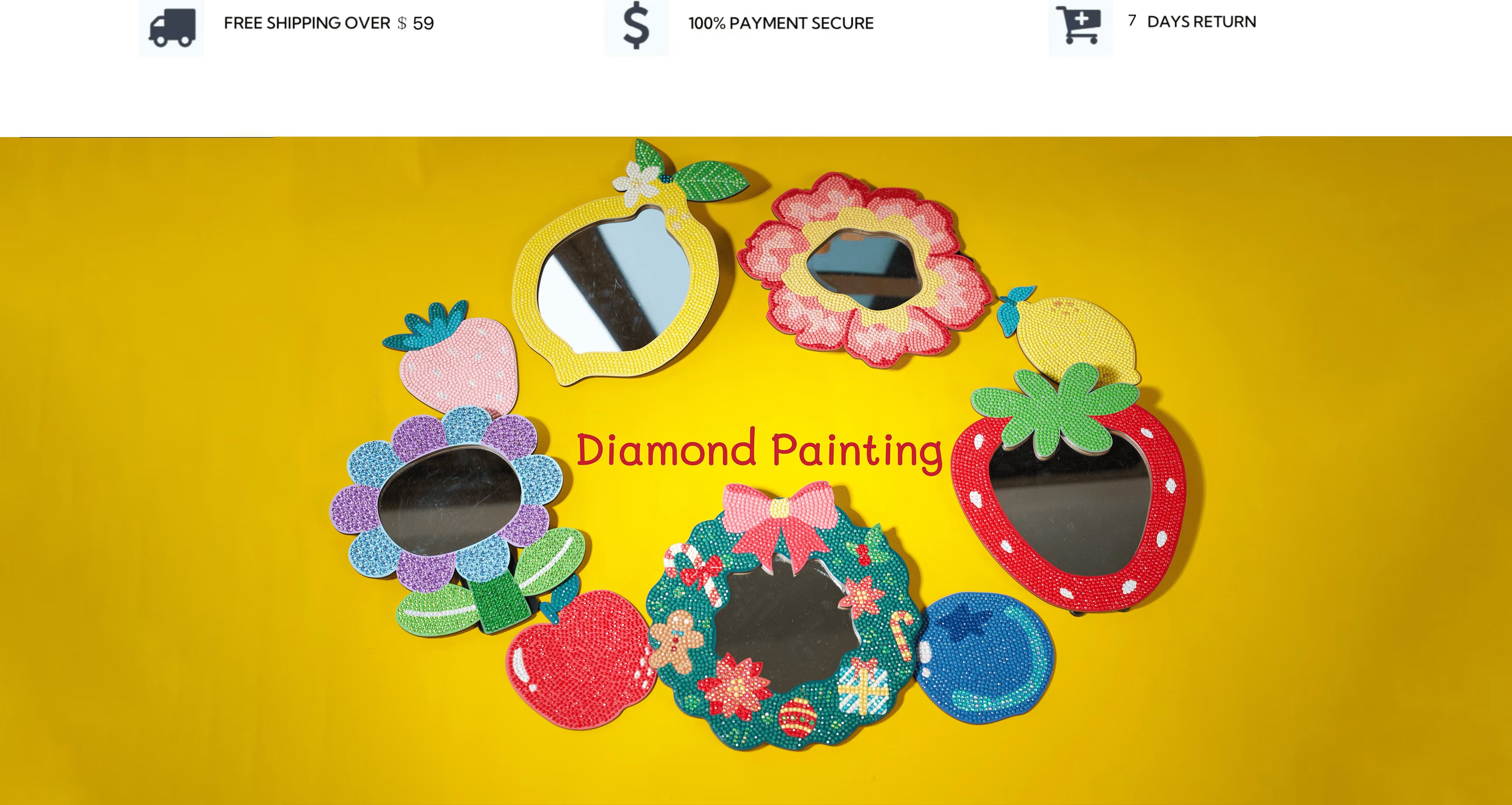 Colorful diamond painting DIY mirrors in fruit and flower shapes on yellow background, showcasing Artglee’s new seasonal collection. Handmade kits highlight beginner-friendly design, free shipping, secure payment, and 7-day returns.