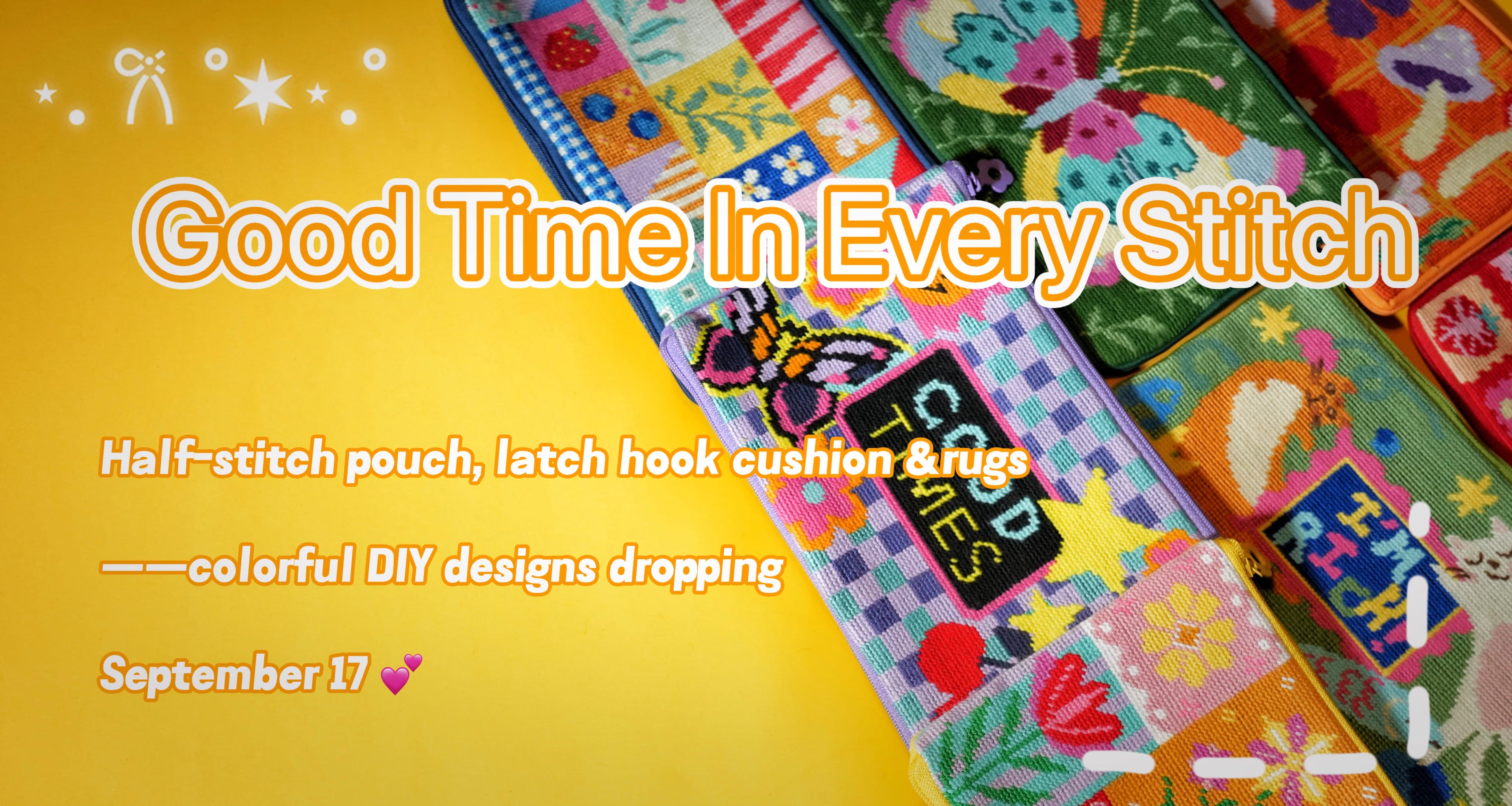 Artglee beginner-friendly embroidery kits: colorful half-stitch pouches and latch hook rug kits — DIY craft sets for beginners.