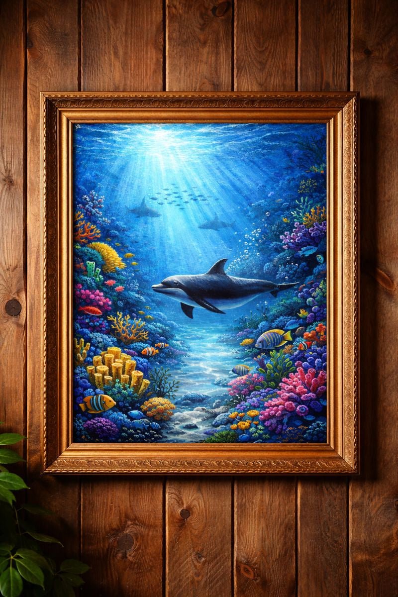 Underwater Dolphin Serenity – Framed Ocean Oil Painting Wall Art for Bedroom & Living Space