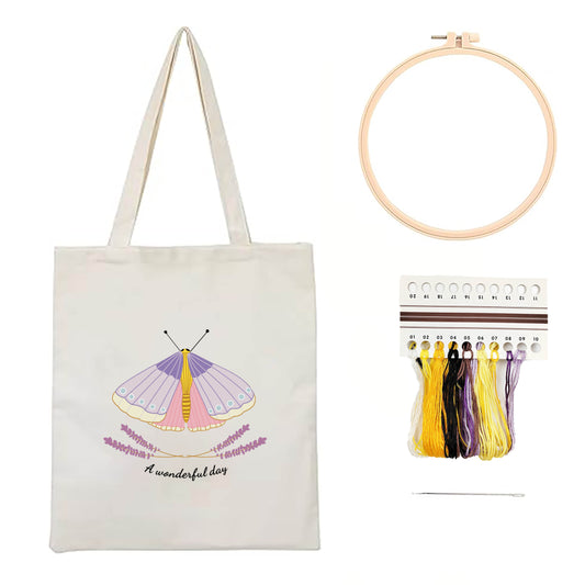Canvas Tote Bag Embroidery with Butterfly Pattern