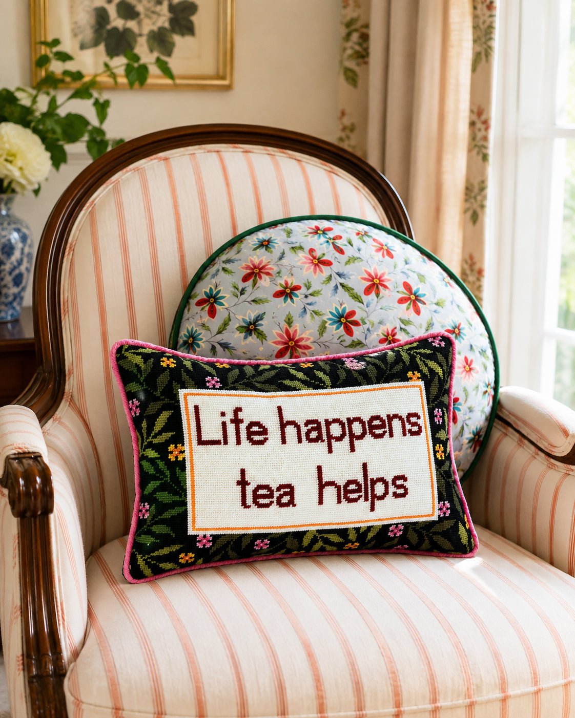 Life Happens, Tea Helps Needlepoint Lumbar Pillow Kit