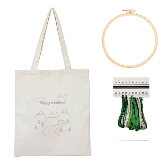 Canvas Tote Bag Embroidery with Mountain Pattern