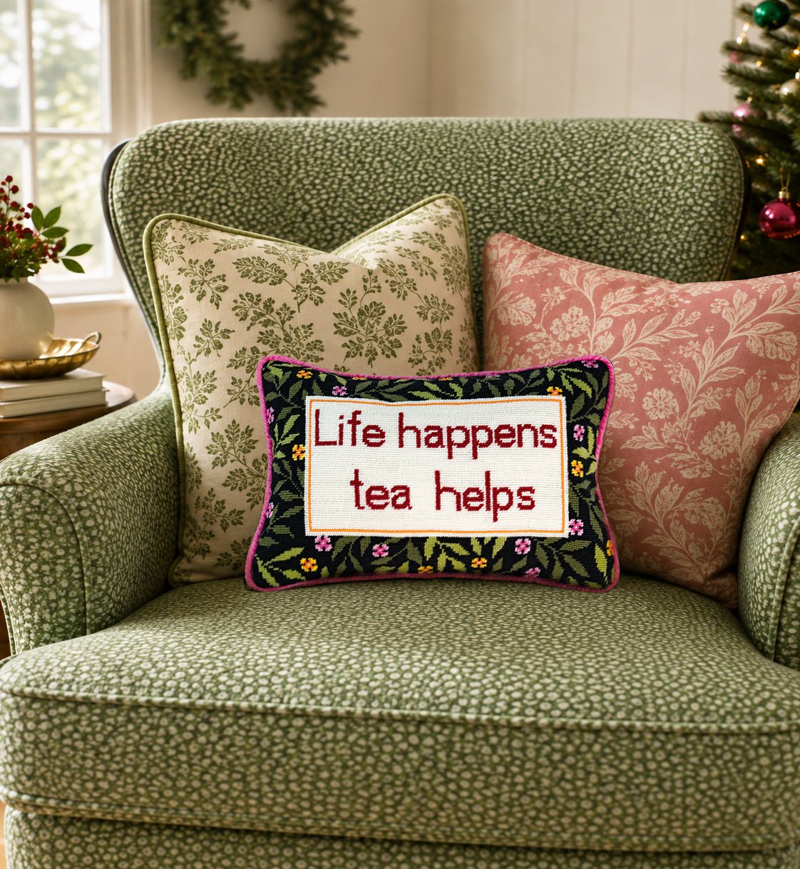 Life Happens, Tea Helps Needlepoint Lumbar Pillow Kit