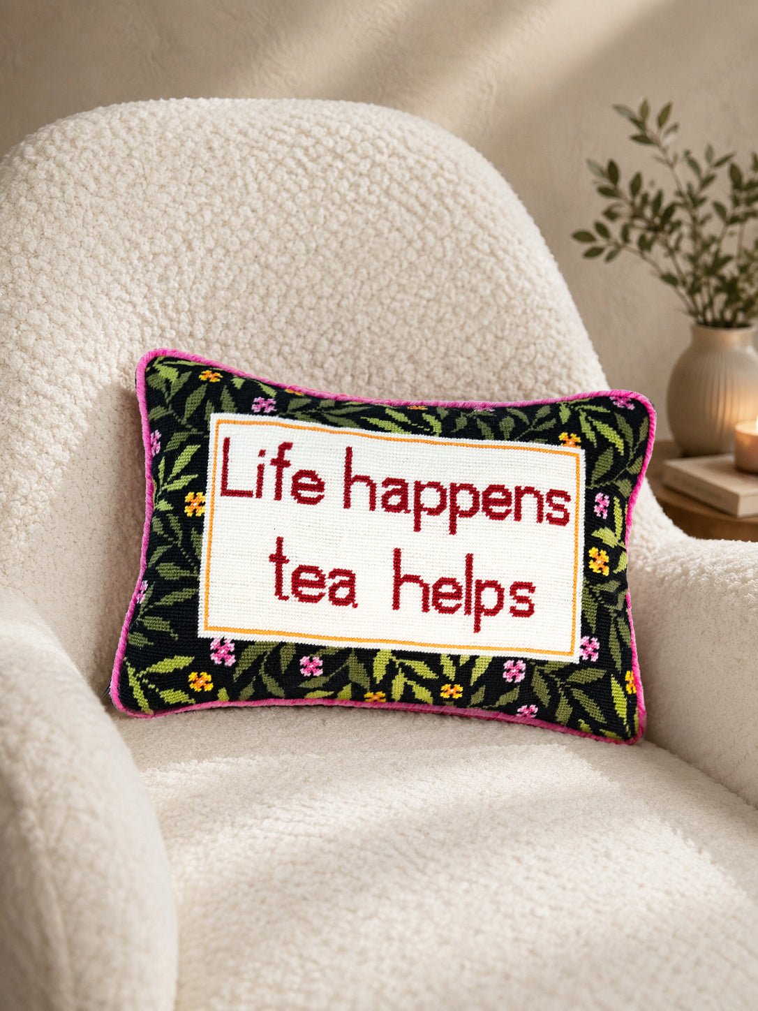 Life Happens, Tea Helps Needlepoint Lumbar Pillow Kit