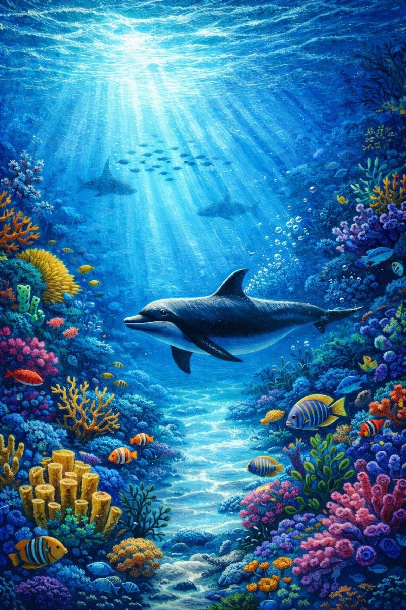 Underwater Dolphin Serenity – Framed Ocean Oil Painting Wall Art for Bedroom & Living Space