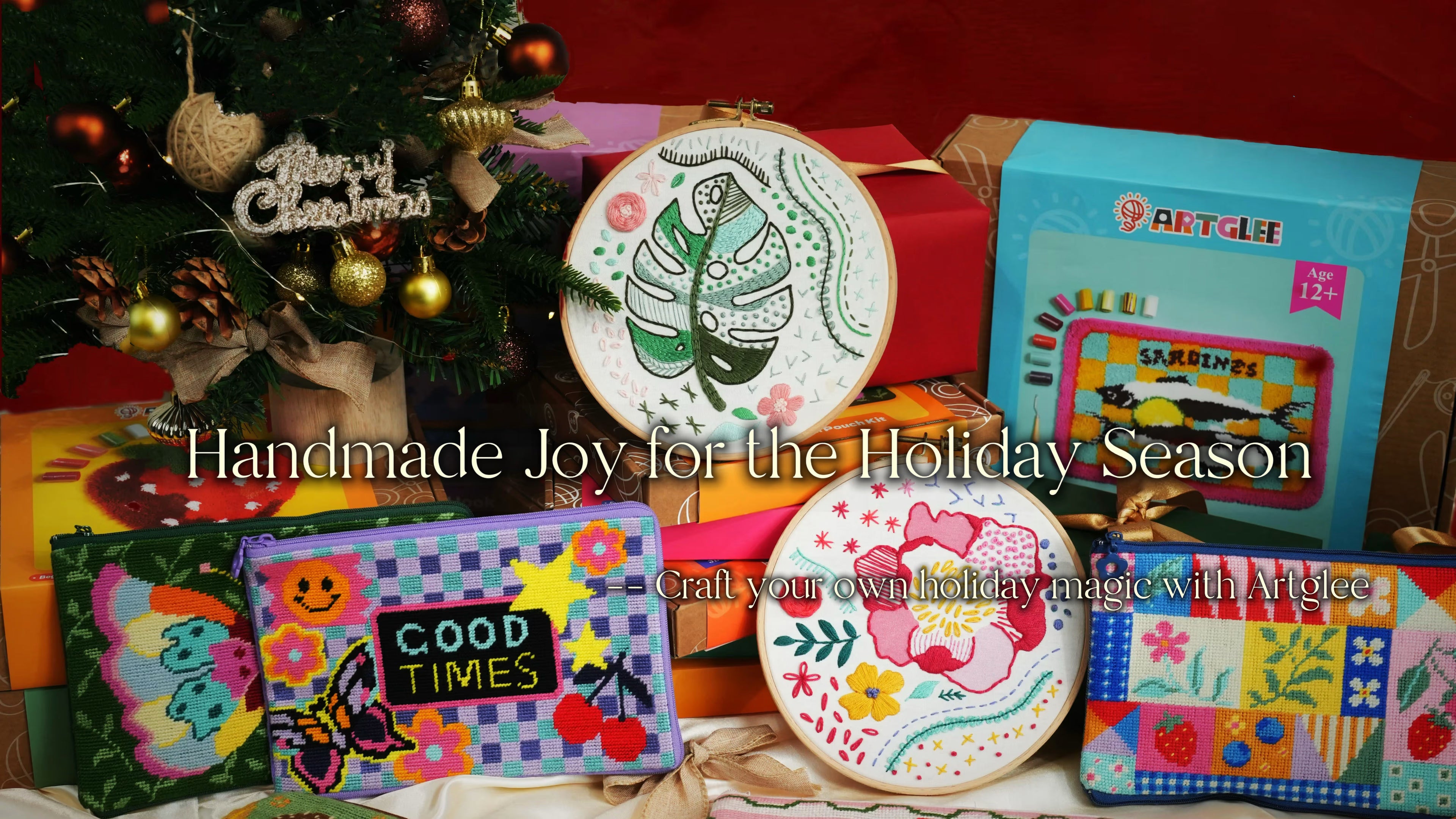 Holiday-themed banner featuring a festive 'Merry Christmas' tree and Artglee's colorful DIY craft kits. The image showcases vibrant half-stitch kits, embroidery kits, and a Sardines latch hook kit, alongside handmade holiday decorations and gifts for the season.