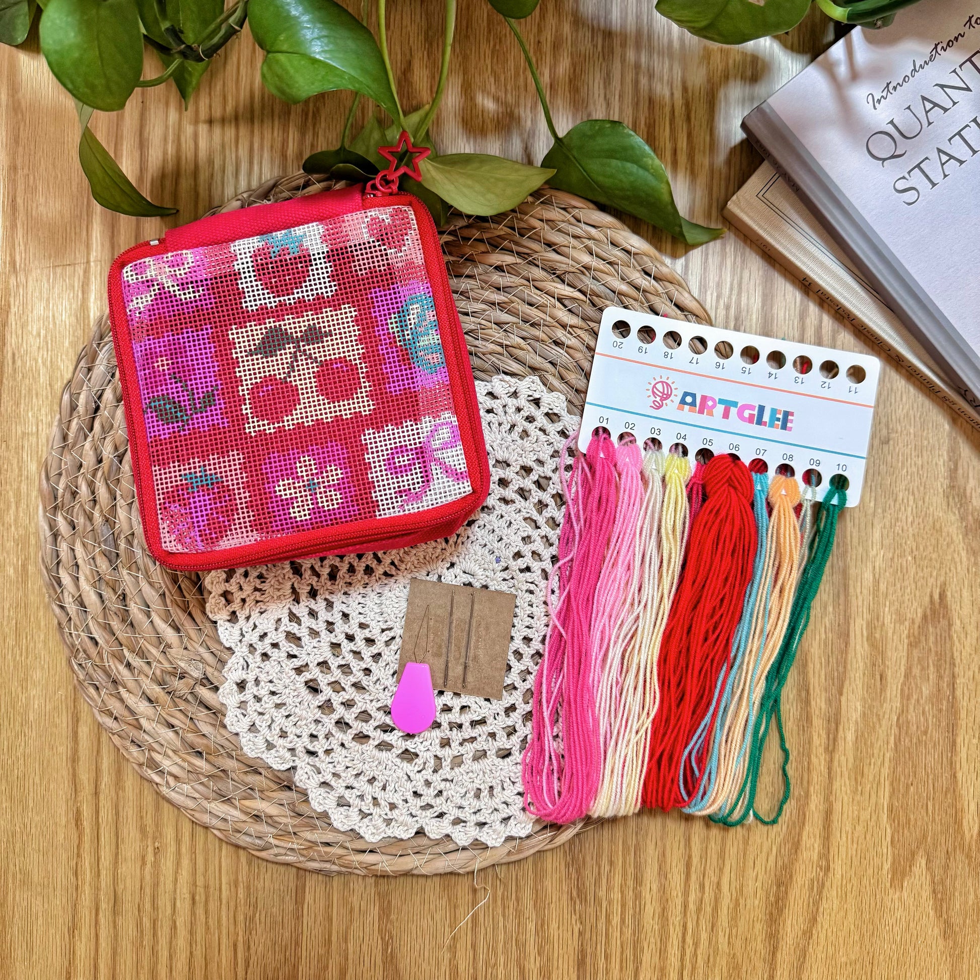 Cherry Love Half-Stitch Kit with pre-printed canvas, embroidery threads in pink, red, green, and yellow, and plastic needle.
