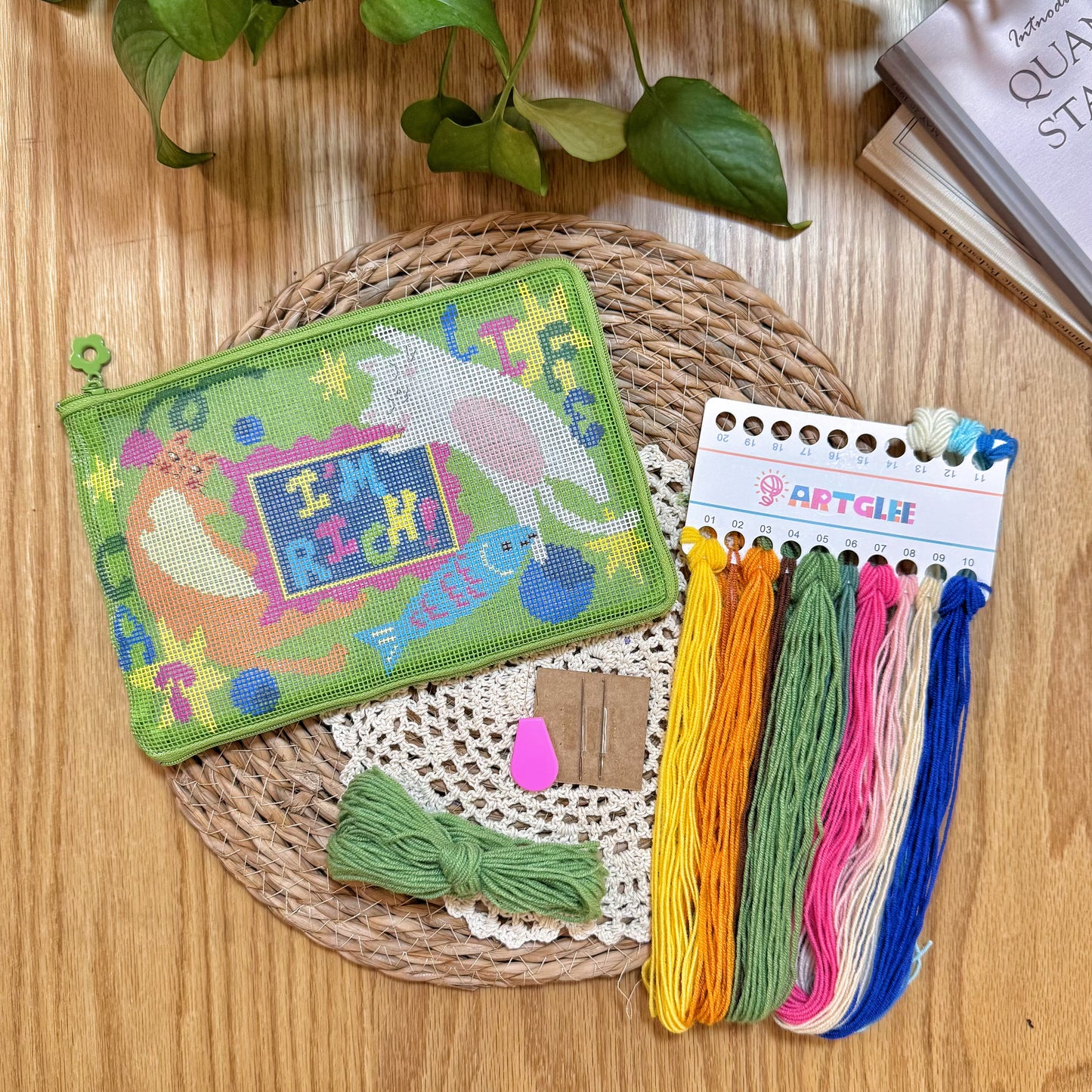 Full Lucky Cats half-stitch kit set including printed fabric, threads, needles, threader, and zipper pouch.