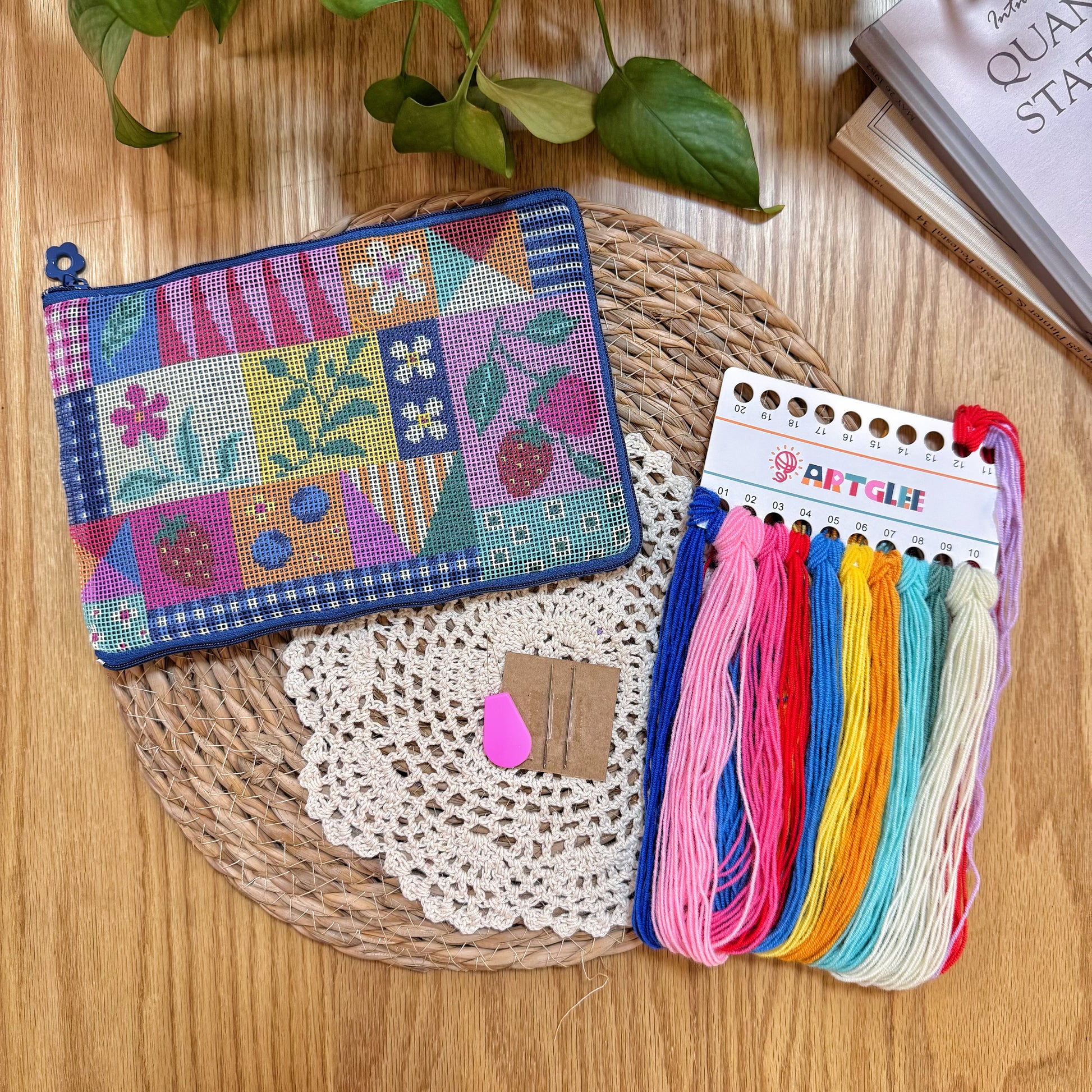 Patchwork Garden Half-Stitch Kit full set with embroidery threads, needles, and unfinished pouch