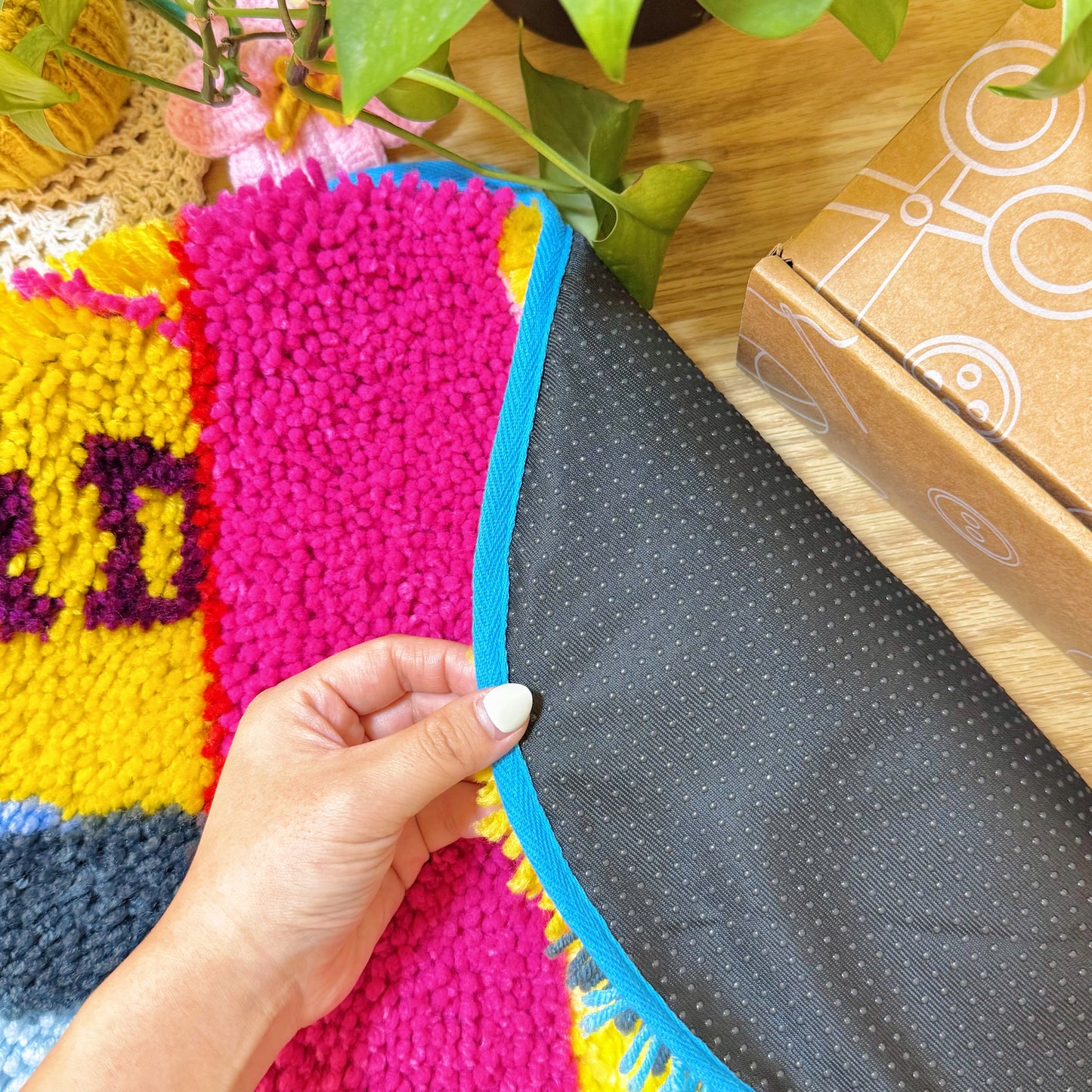 Non-slip backing detail of Sardine Delight latch hook rug kit