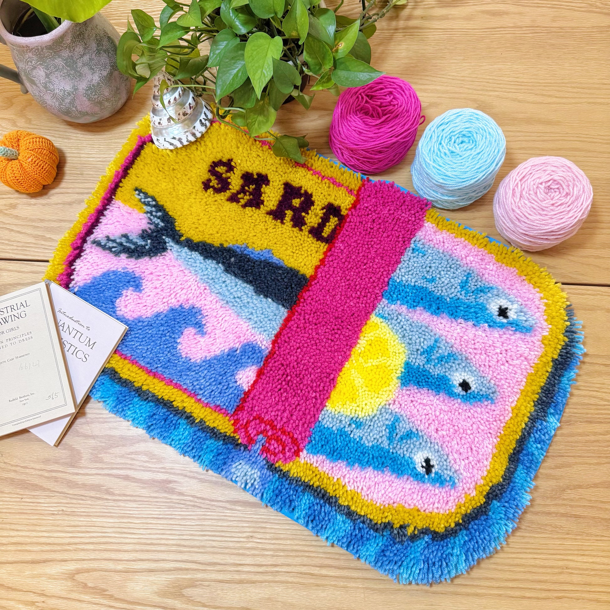 Colorful finished Sardine Delight latch hook rug kit with sardine can design