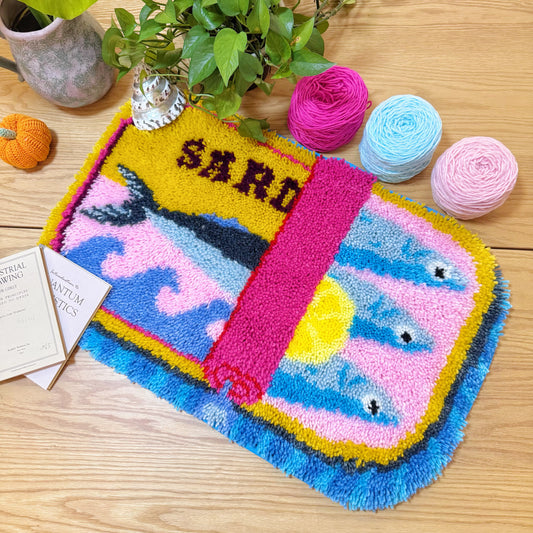 Colorful finished Sardine Delight latch hook rug kit with sardine can design